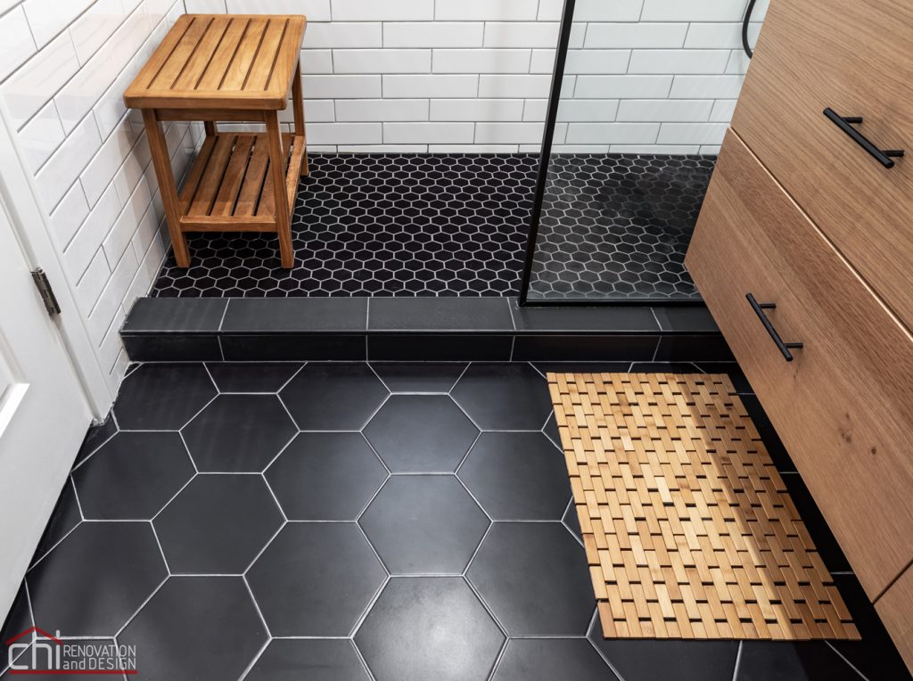 Chi | Wicker Park Black Hex Floor Tile Bath Design