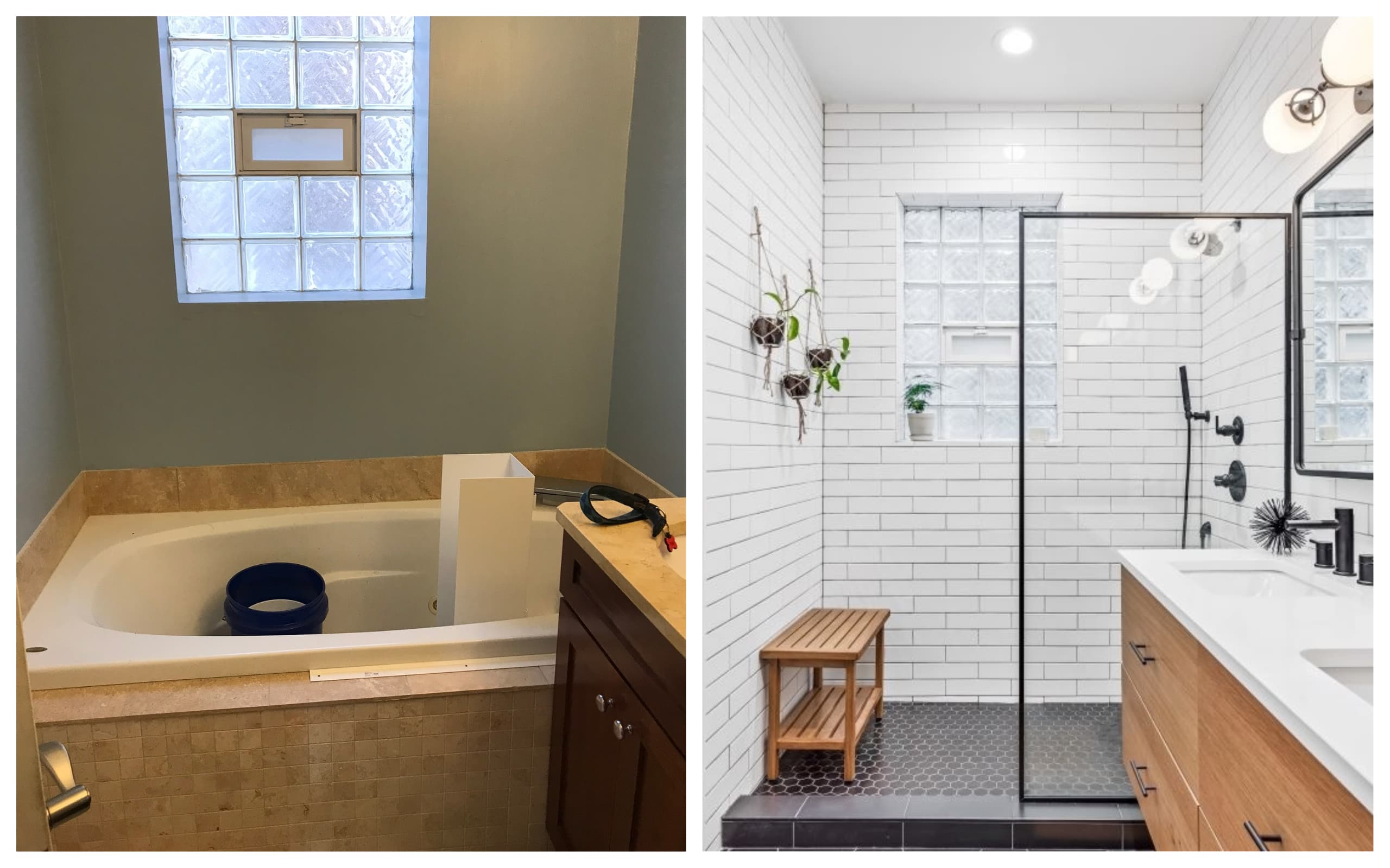 Chi |The whirlpool tub before and walk-in shower after.
