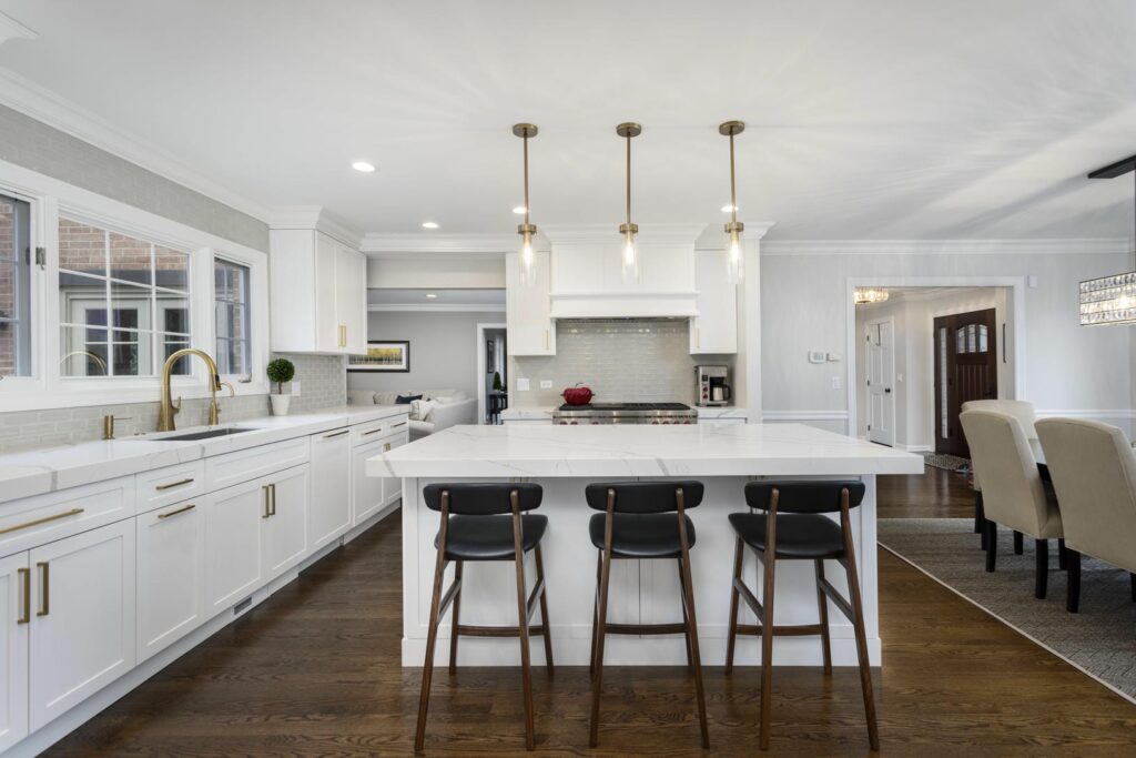 Warm modern kitchen and bathroom renovation at Valley Rd home featuring wood tones and minimalist finishes